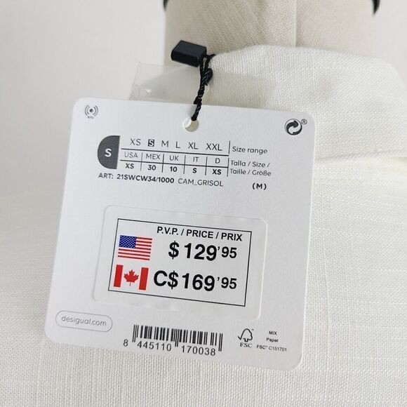 NEW Desigual blouse S Cream Pink Floral Linen Blend Buttoned Short Sleeve Top - Picture 9 of 11